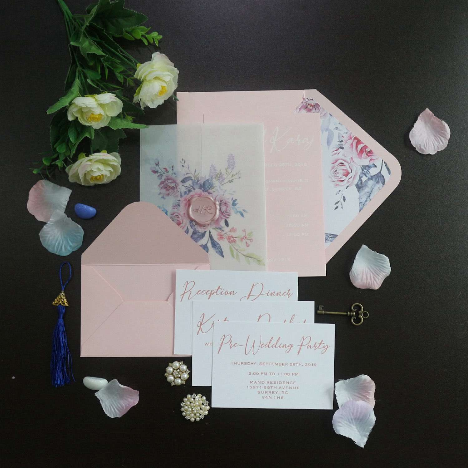 Pink Wedding Invitation Card Romantic Invitation Card with Vellum Paper Cover